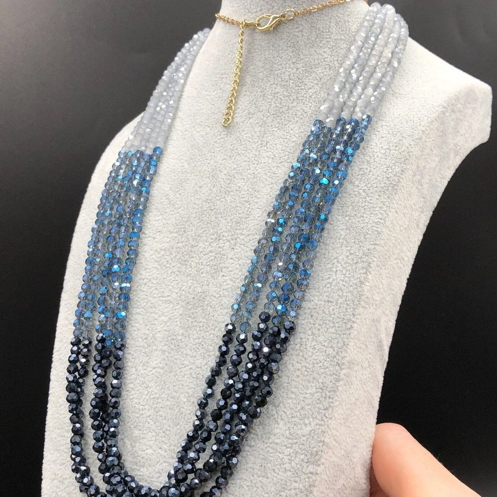 Glass Multi Strand Necklace Long Ombre Blue AB Faceted Bead Boho Gold Tone Chain